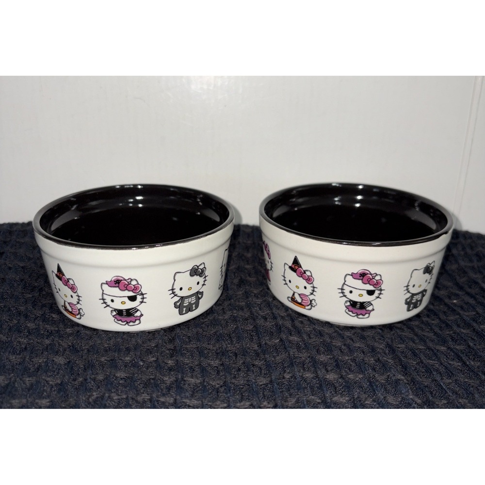 Sanrio Hello Kitty Ceramic Ramekins Bowls Set of 2 White Black Interior 4"x2"